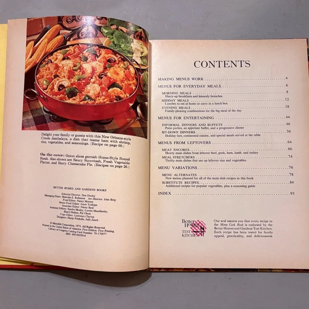 Vtg 1972 Better Homes & Gardens Menu Cookbook Retro Mid Century Kitchen Kitsch